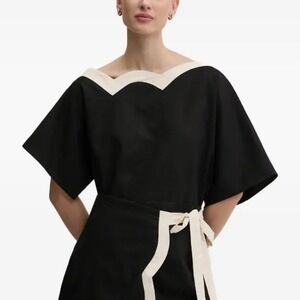Never Fully Dressed Scalloped‎ Trim Top Black White Cotton Linen Womens 10